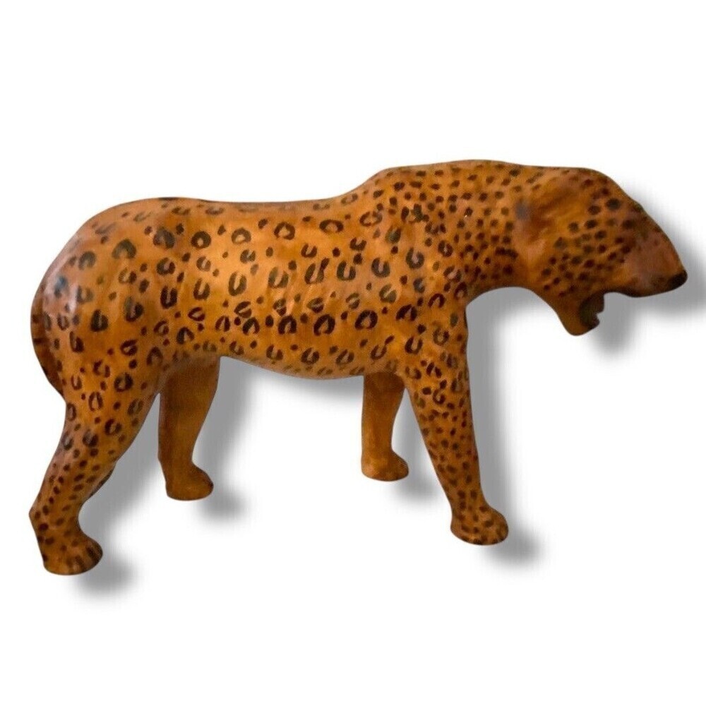Vintage Leather Wrapped Leopard Cheetah Cat Glass Eyes 16”L  x 10” Shelf Style